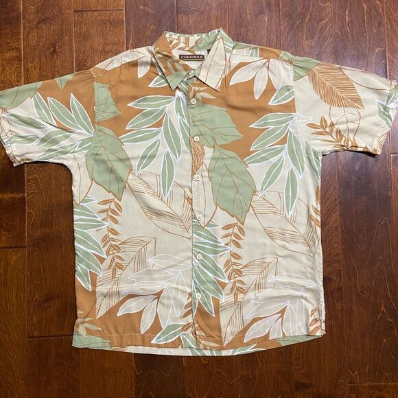 Cubavera Casual Tropical Hawaiian Tan Green Rayon Button Front Shirt Men's L - Picture 3 of 7